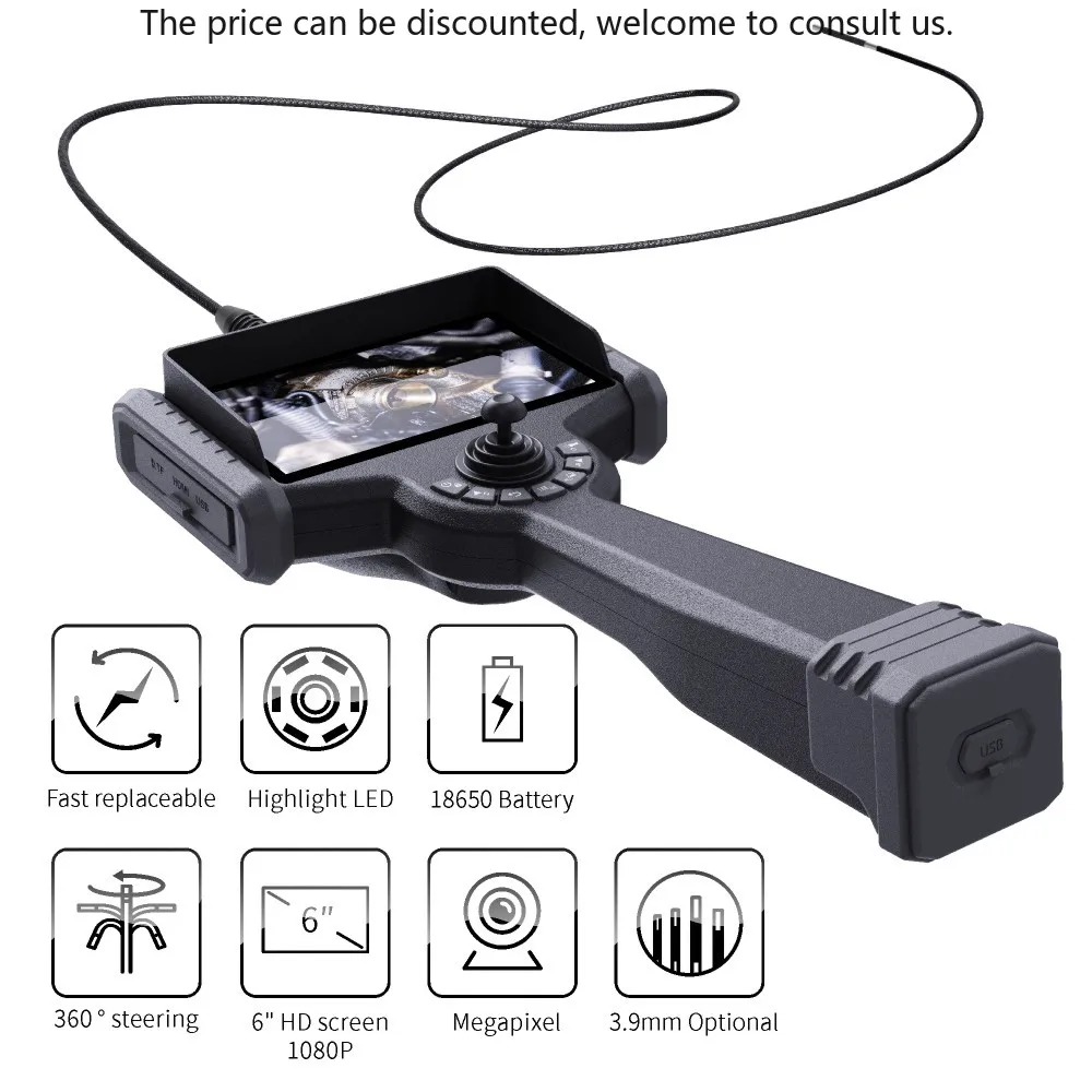

Flexible Industrial Videoscope Borescope Inspection Camera 3.9mm 2m 4 Way Articulation Waterproof IP67 Tungsten Braided Tube