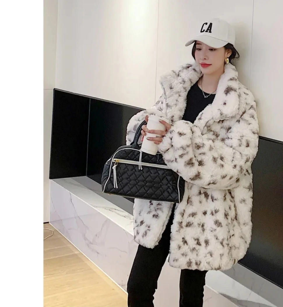 Leopard Print Faux Fur Jacket for Women Thick Turn-Down Collar Coat Streetwear Zipper Outerwear Autumn Winter Warm