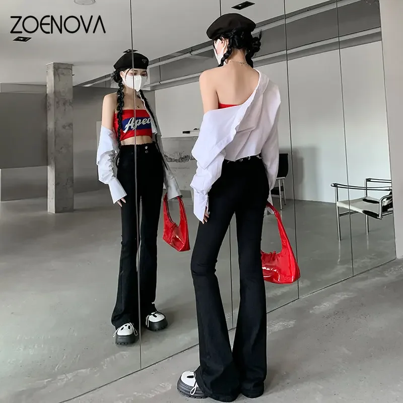 ZOENOVA-pantalones vaqueros acampanados ajustados de cintura alta para Mujer, diseño de borde crudo, estilo callejero informal Retro, Vaqueros para Mujer Y2k, Pantalones holgados