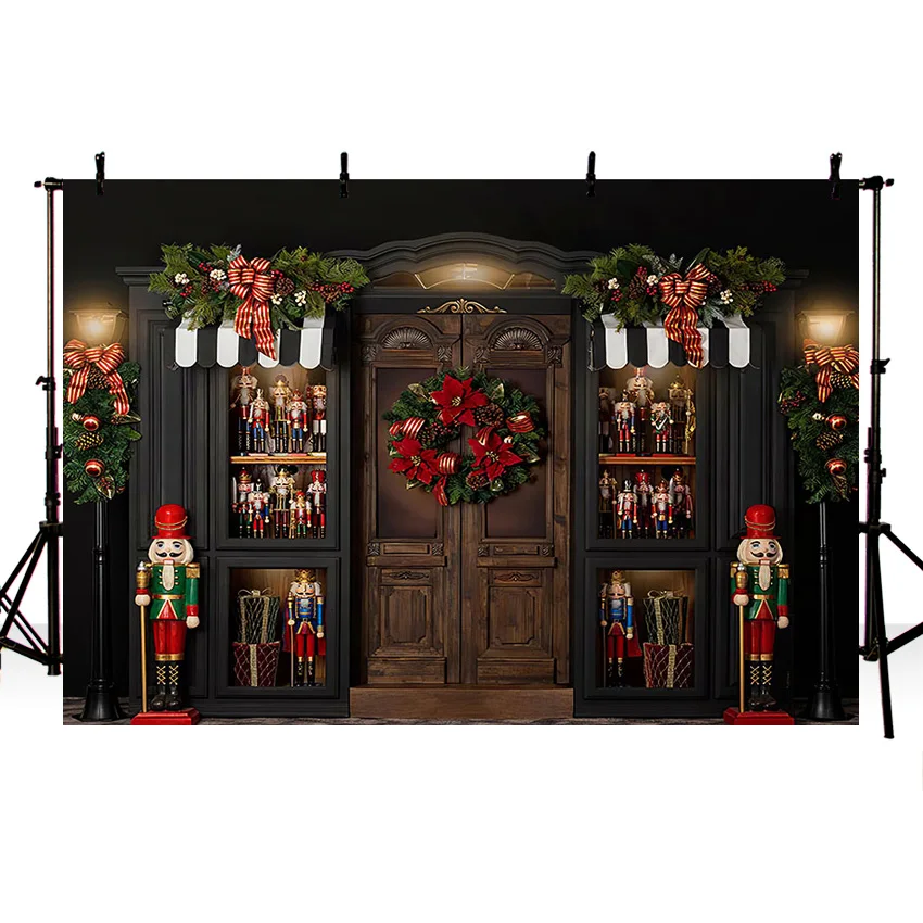 Christmas Photographic Backdrop Solider Doll Shop Cupboard Hot Cocoa Family Festival Background Red Curtain Window Photo Studio