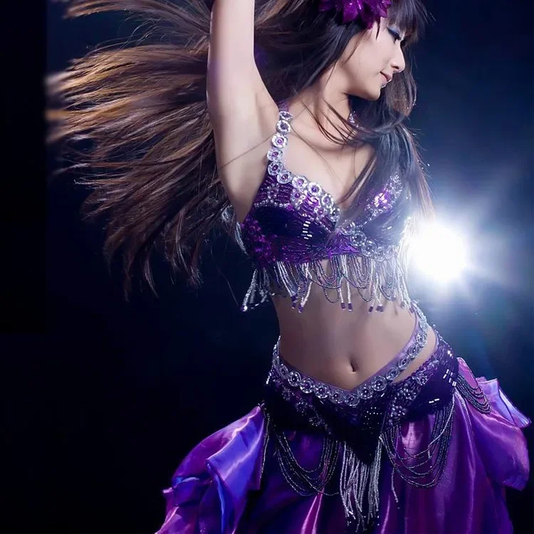 

Lady Belly Dance Bra Belt Performance Clothing Accessories Ballroom Stage Dance Wear Women Sequin BellyDance Costumes 2pcs Set