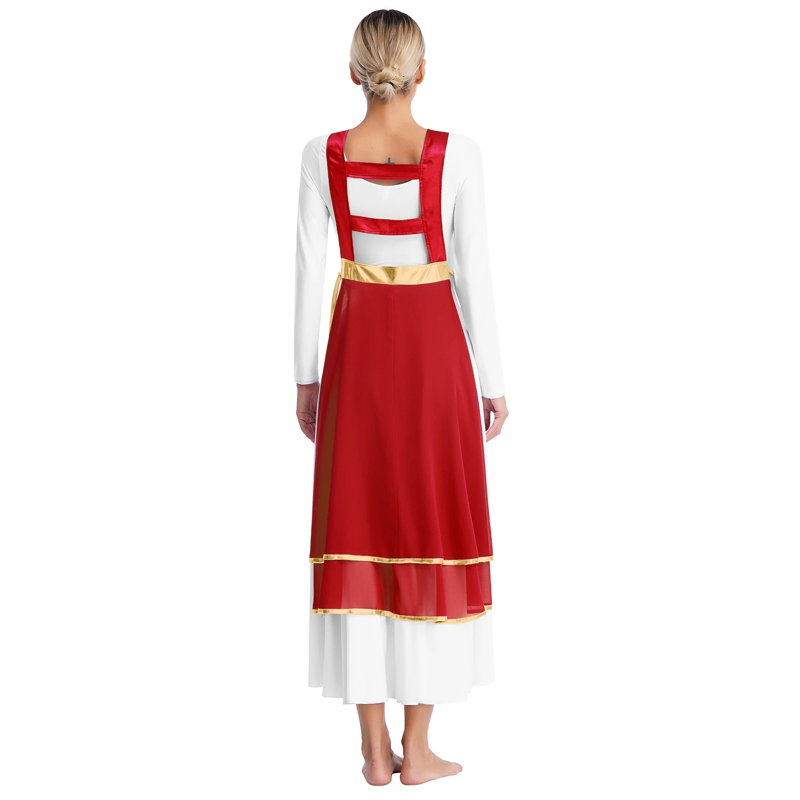 Womens Praise Dance Dress Choir Performance Dancewear Liturgical Tunic Metallic Patchwork Lace-up Sides Split Sleeveless Dress