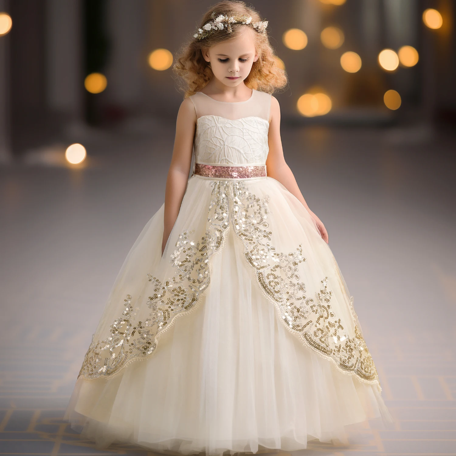 Elegant Flower Party Dress for Girls Summer Sequins Lace Wedding Princess Dress Children Birthday Banquet Long Gala Gown 4-10Yrs