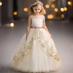 Elegant Flower Party Dress for Girls Summer Sequins Lace Wedding Princess Dress Children Birthday Banquet Long Gala Gown 4-10Yrs