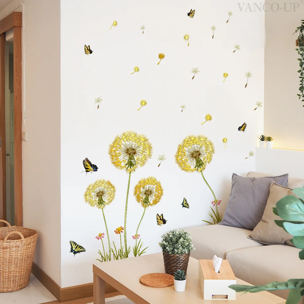 

Hand-Painted Dandelion Gold Leaf Wall Decals - Removable Botanical Art for Living Room & Bedroom