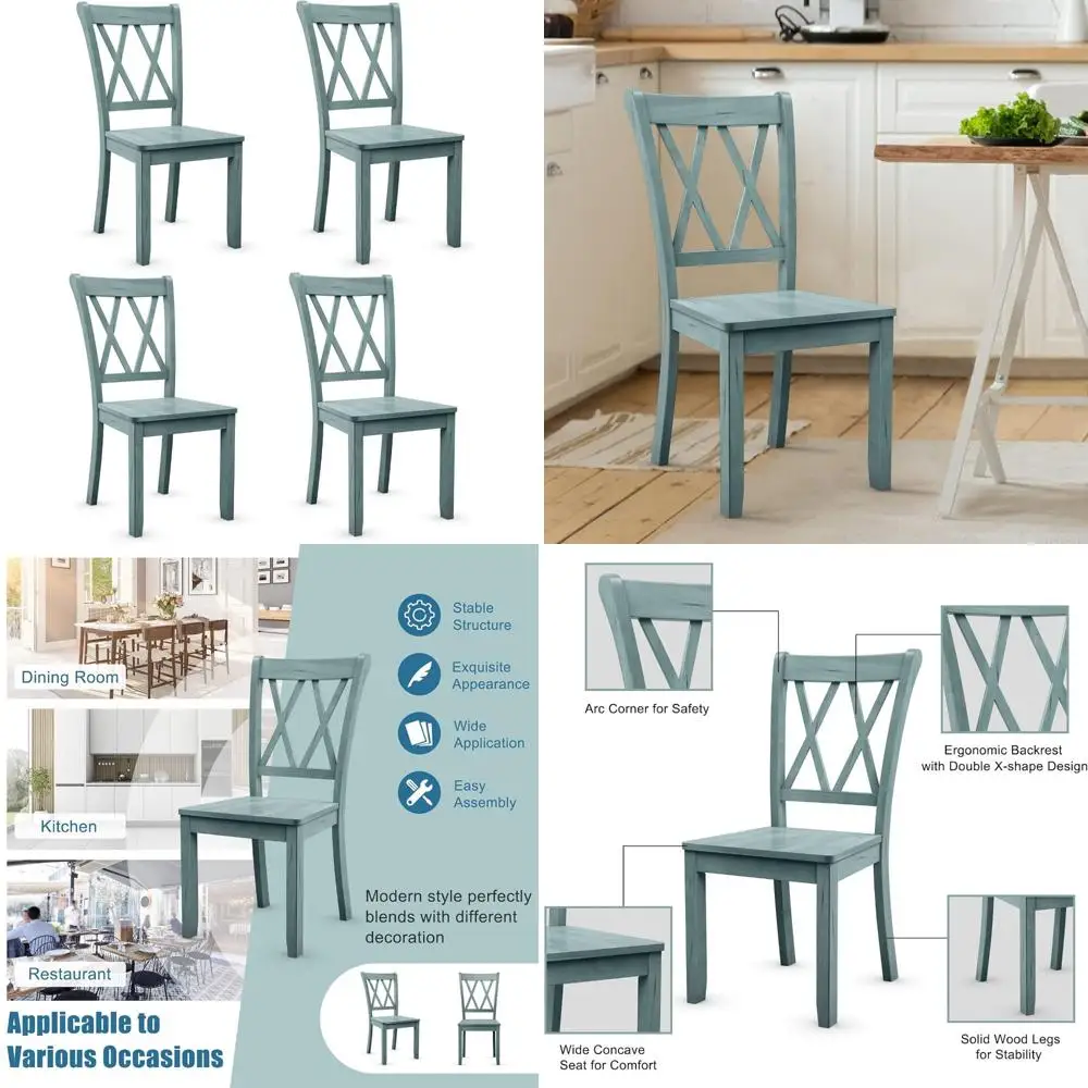 طقم كراسي طعام مكون من 4 قطع على طراز المزرعة، هيكل متين من الخشب المطاطي، يدعم ما يصل إلى 400 رطل، مثالي للمطبخ وتناول الطعام