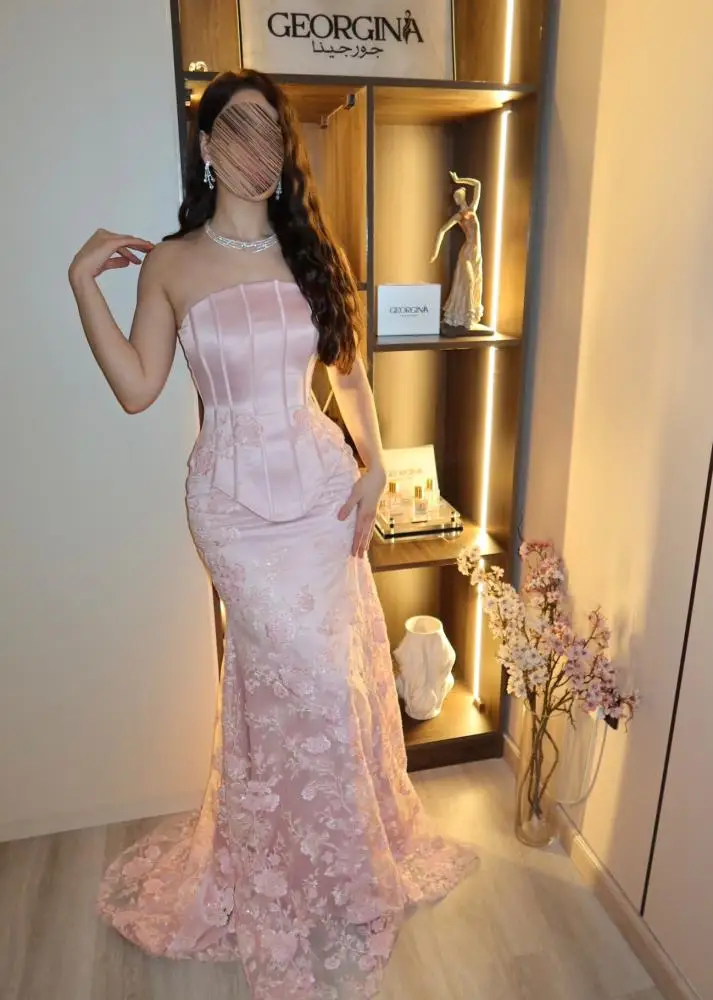 LumiGown 2026 Strapless Corset Pink Lace Mermaid Bridesmaid Gown Formal Wedding Evening Prom Party Dress Full Customization