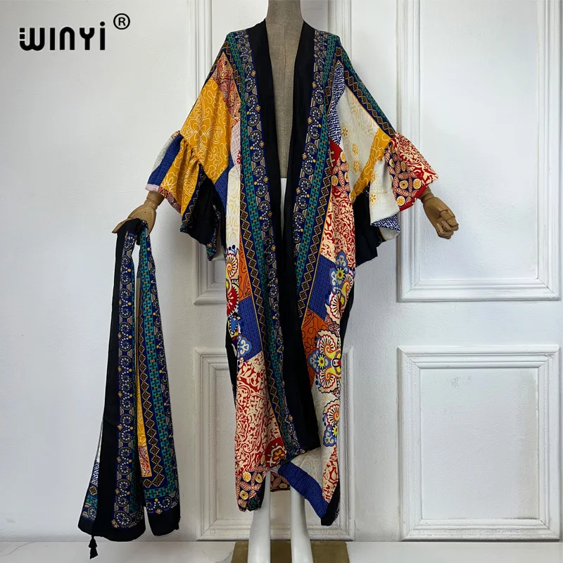 WINYI cotton feeling kimono print Self Belted dress Women Elegant holiday Bubble sleeve cardigan beach Wear Swim Suit cover up