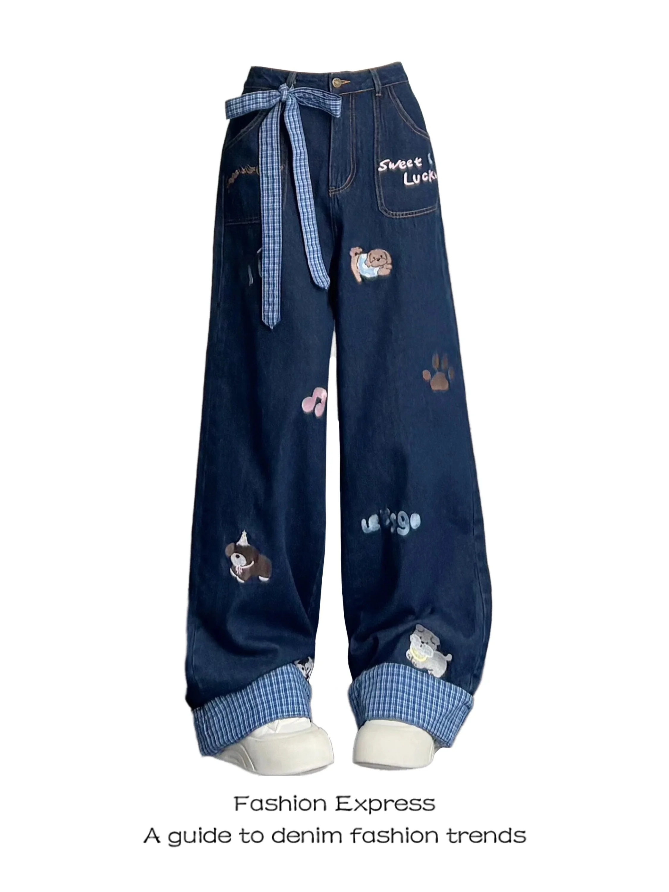 

Американские джинсы с вышивкой и манжетами, женские, осенние, новые, с милым щенком, в клетку, с бантом, прямые, широкие, в стиле ретро