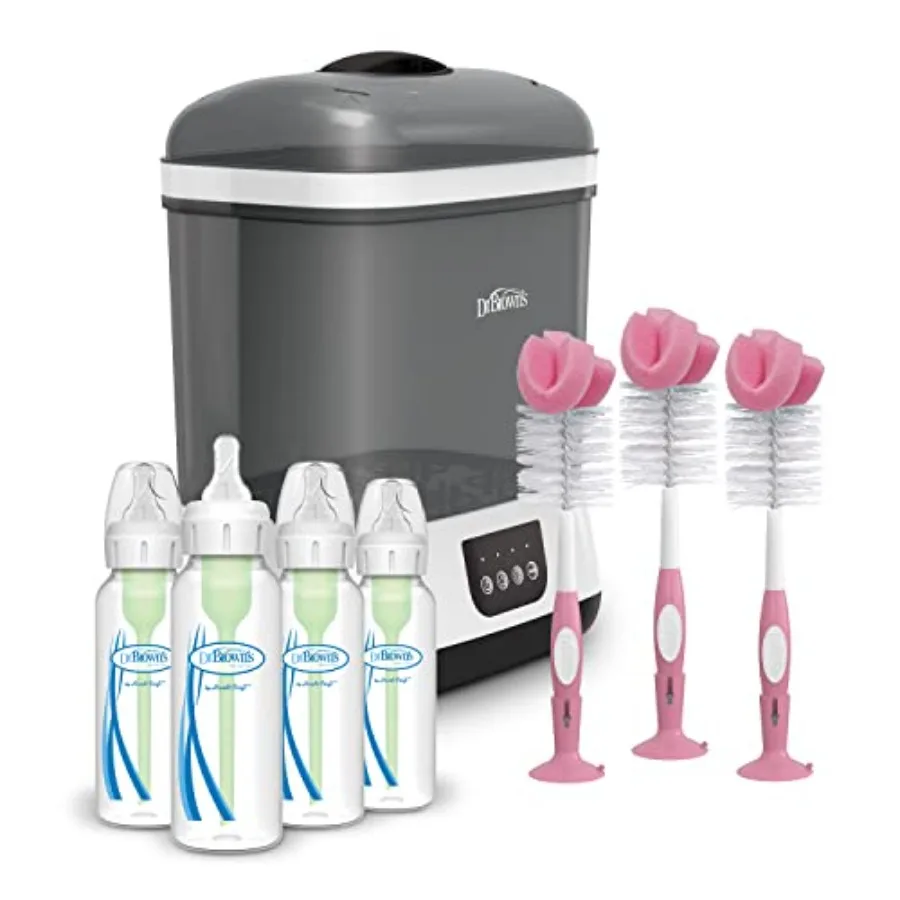 

Clean Steam Baby Bottle and Pacifier Sterilizer and Dryer, Anti-Colic Options+ Baby Bottles 8 oz, 0m+ Level 1 Nipple, 4 Pack, an