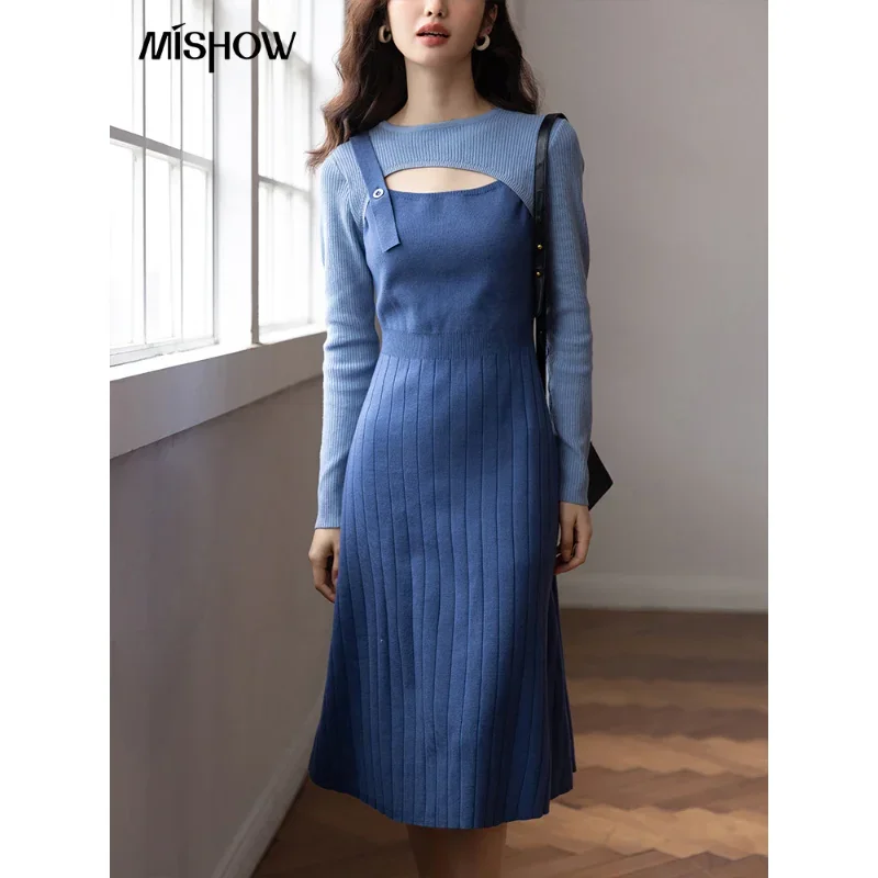 MISHOW Sexy Knitted Dress Autumn French Patchwork Oneck Hollow Out High Waist Suspender Vestidos Aline Female Clothes MXB34L1240