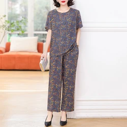 Elegant 2 Piece Sets Womens Outfits Summer 2024 New Vintage Print Wide legs Trouser Sets High Quality Female Clothes