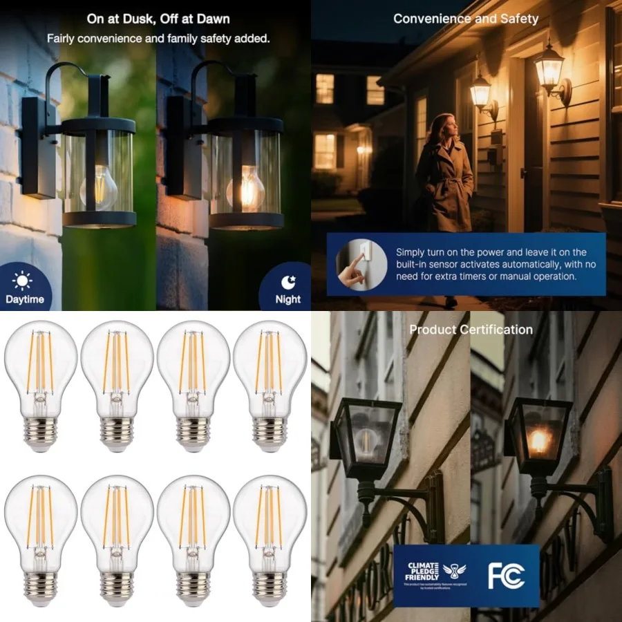Dusk to Dawn Outdoor Sensor A19 LED Edison Bulbs, 7W 60W Eqv.,800LM, Vintage Filament E26 Base, Auto On/Off Photocell Automatic