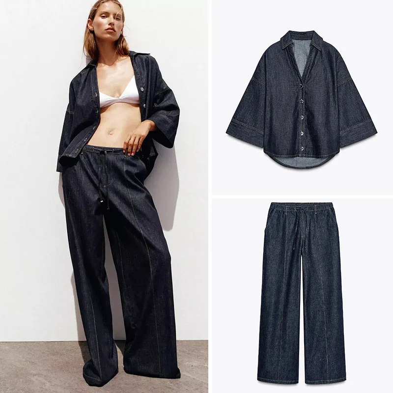 New Autumn Women's Denim irt Casual Jeans Set Long Sve Turn-down Collar Two-piece Suite for Adults Suitable for Fall