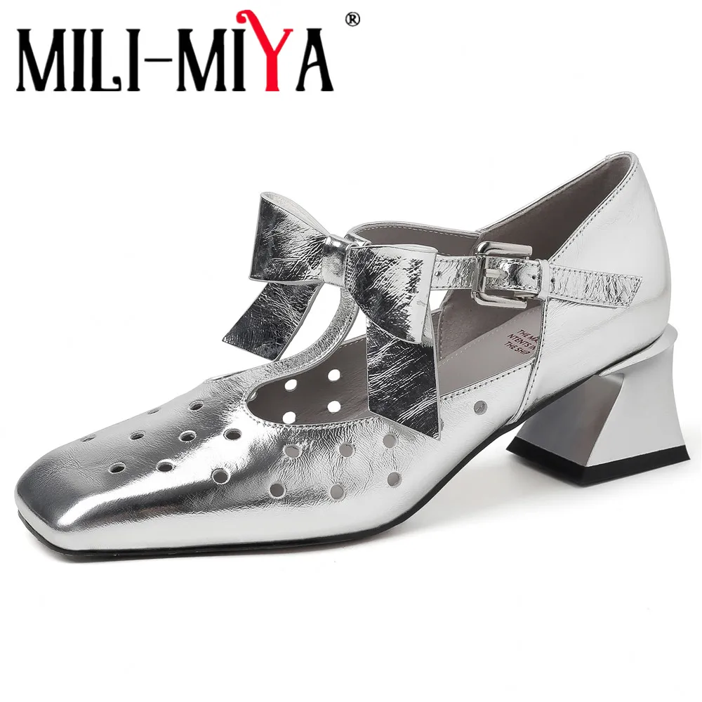 

MILI-MIYA Women Genuine Leather Pumps With Breathable Hollowed Out High Heels Square Toe Thick Heel Butterfly Knot Dress Party