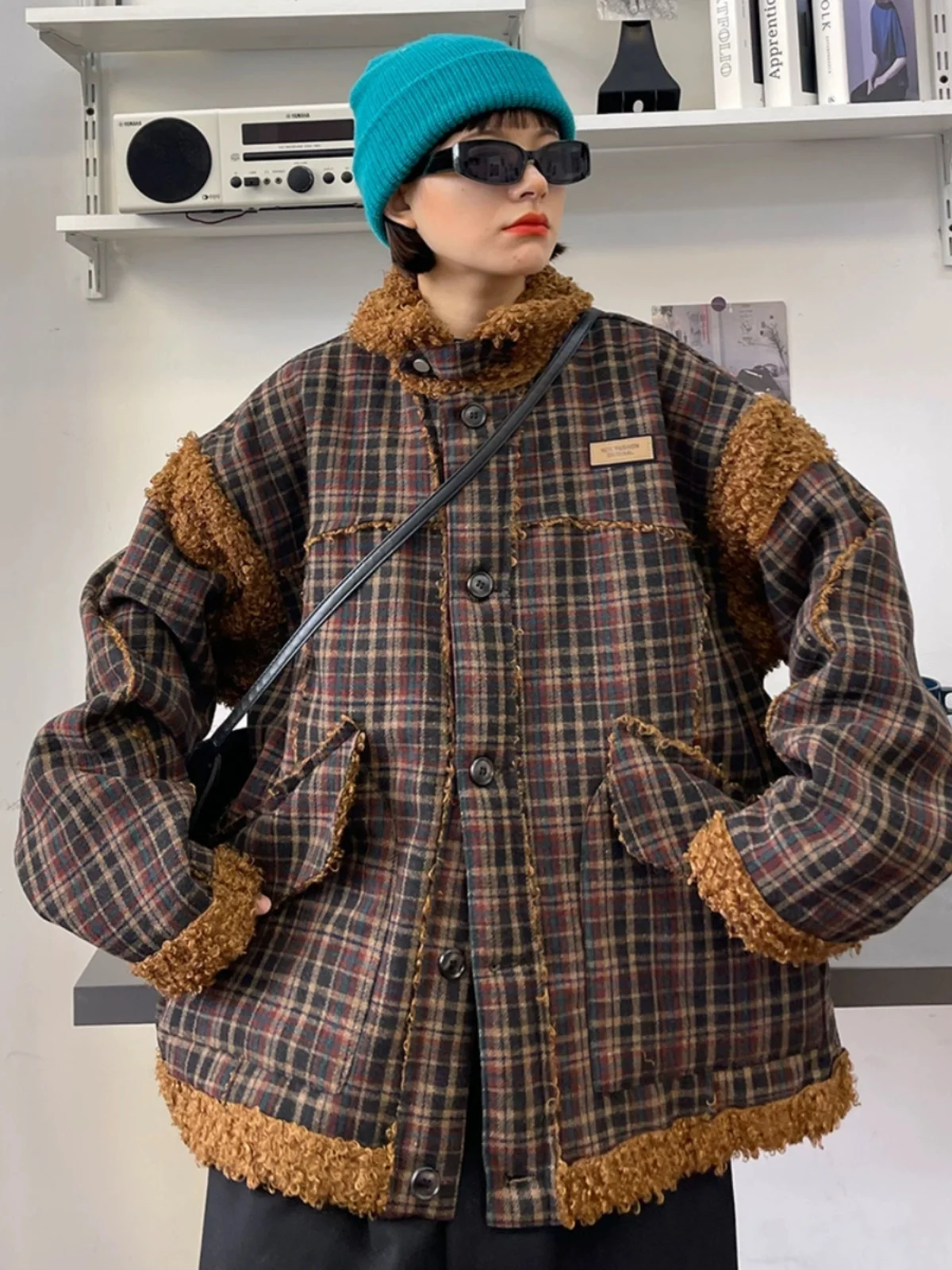 Maillard lamb wool plaid cotton jacket for women 2023 winter new loose bf Korean style thickened COATS trend