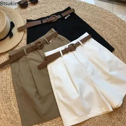 Pantalones cortos de traje para mujer con cinturón, minipantalones cortos holgados de cintura alta coreana con bolsillos sueltos, estilo OL, pantalones cortos informales de verano