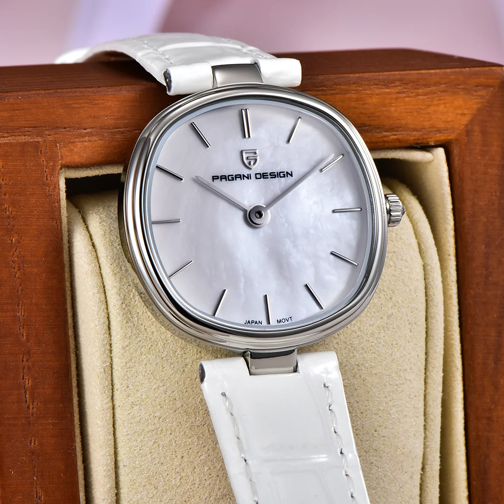 

Pagani Design Oval Watch Natural Mother of Pearl Dial Sapphire Japanese GL22 Movement White Leather Strap Women's Quartz Watch
