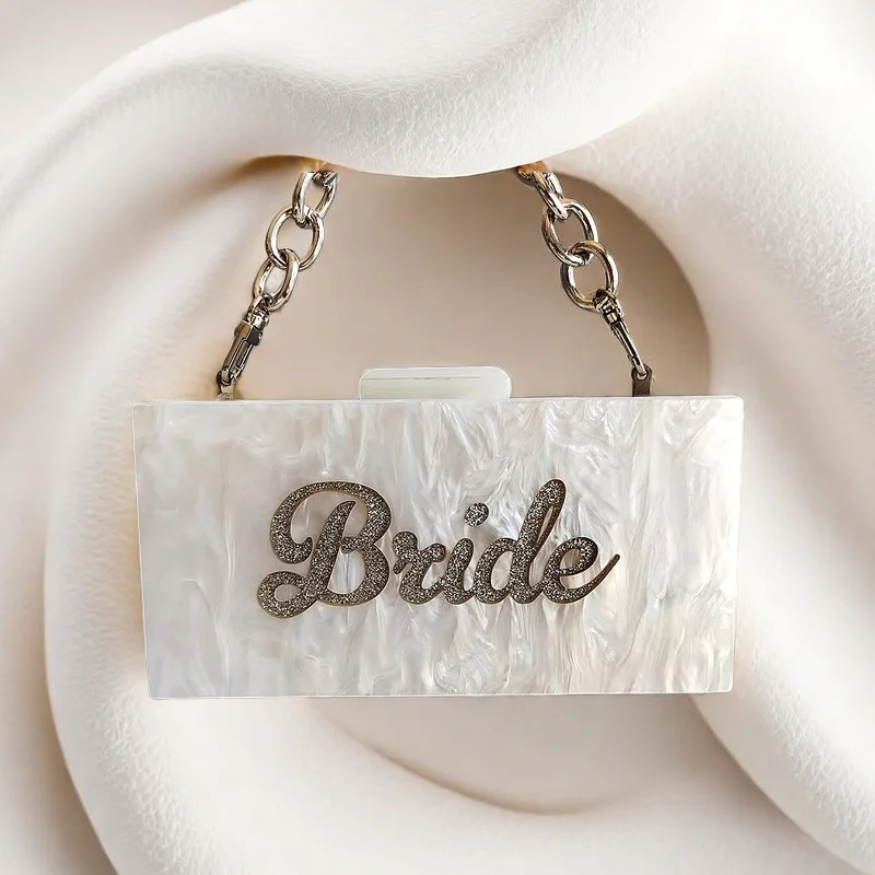 

Pearl Marble White Name Letters Bride Fashion Lady Travel Party Wedding Acrylic Box Clutches Women Evening Shoulder Hand Bags
