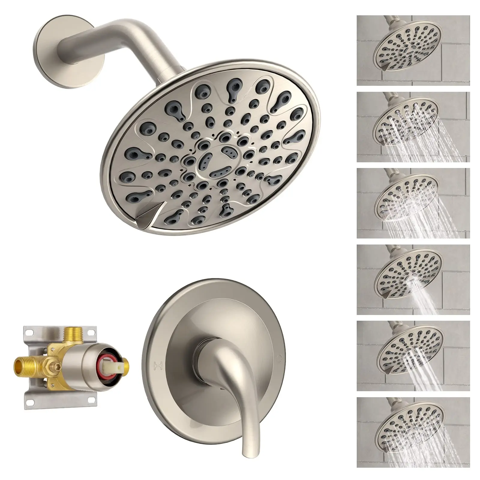 

Brushed Nickel Shower Faucet Set With 6 Inch Rainfall Shower Head Single Handle Pressure Balance Valve