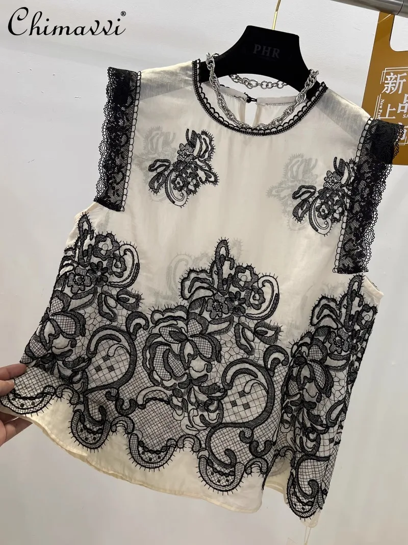 European 2025 Summer New Round Neck Lace Edge Heavy Industry Embroidery Fashion Sleeveless Pullover Shirt Top For Women