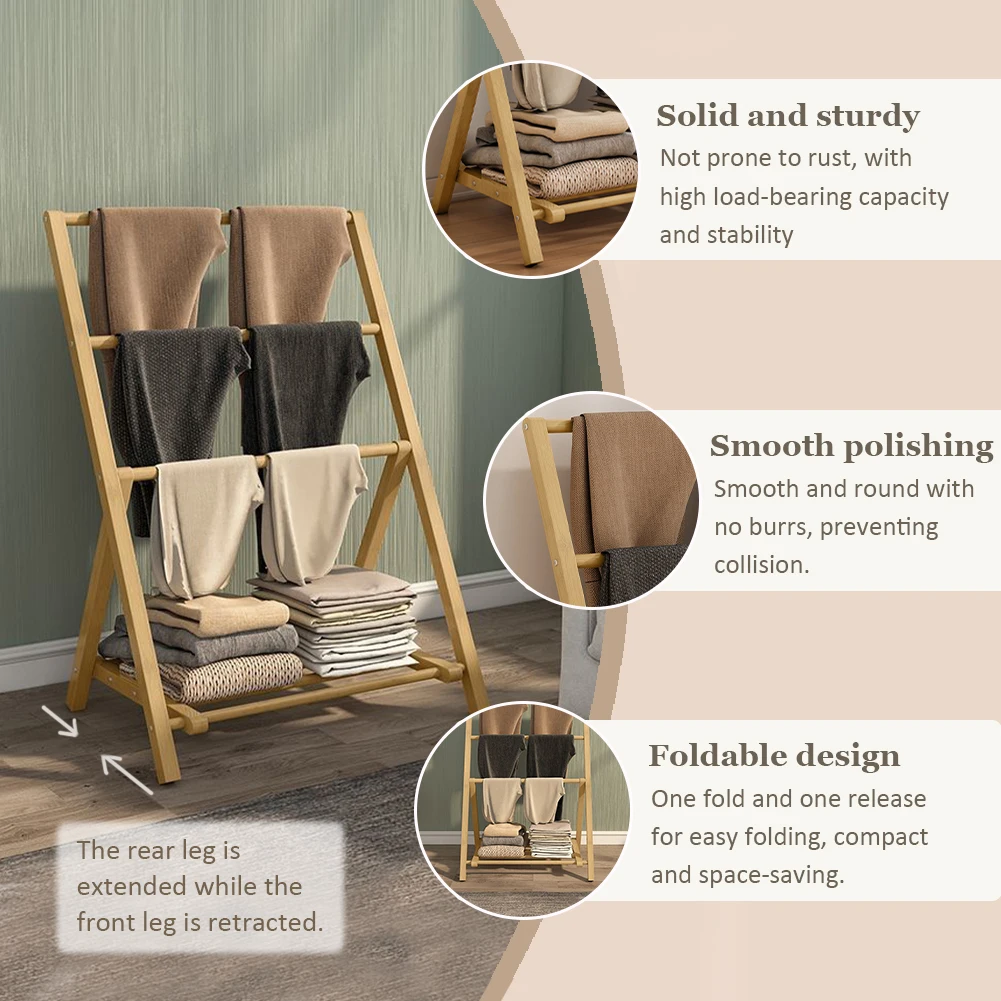 

Bamboo Floor Towel Rack with Storage Shelf Freestanding Wood Hangers Waterproof Foldable Storage Shelf for Home Laundry Shower