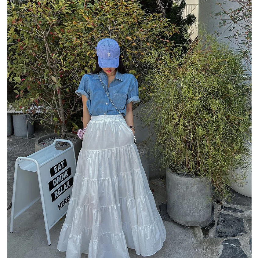 Retro Court Style High Waist Pockets Pure Color Maxi Skirt Fashionable Sun Protection Half-length Skirt Cake Skirt Cotton Blend