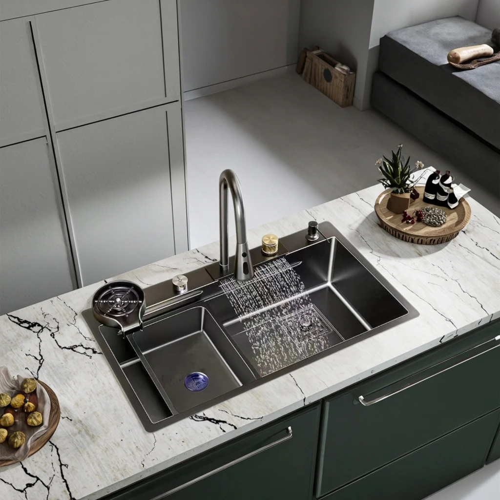 Lavello da cucina multifunzione a vasca singola in acciaio inossidabile, rubinetto con montaggio quadrato, trattamento superficiale nano, scolapiatti sottopiano