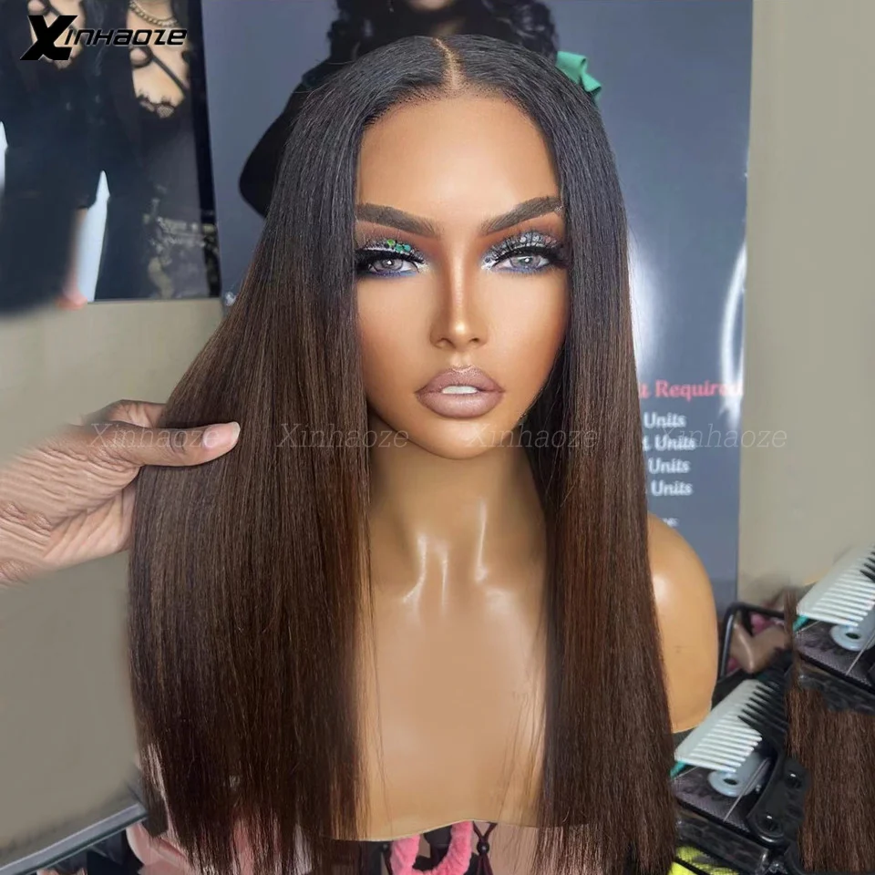 Dark Brown Ombre Light Yaki Straight 13x4 Lace Front Human Hair Wigs For Women 180% Brazilian Remy Hair Silk Top Closure Wig