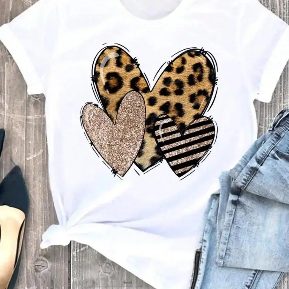 Summer Clothing Leopard Love Heart Sweet Fashion Women Tee T-Shirts Casual Short Sleeve Regular Female Graphic T Shirt Clothes