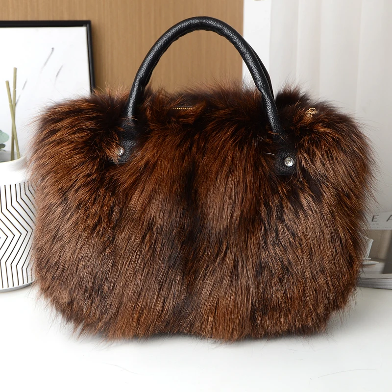 Red Fox Fur Handbag Women Single Shoulder Crossbody Bags Lady Clutch Bag Real Fur Tote Bag Winter Ladies Warm Shoulder Bags