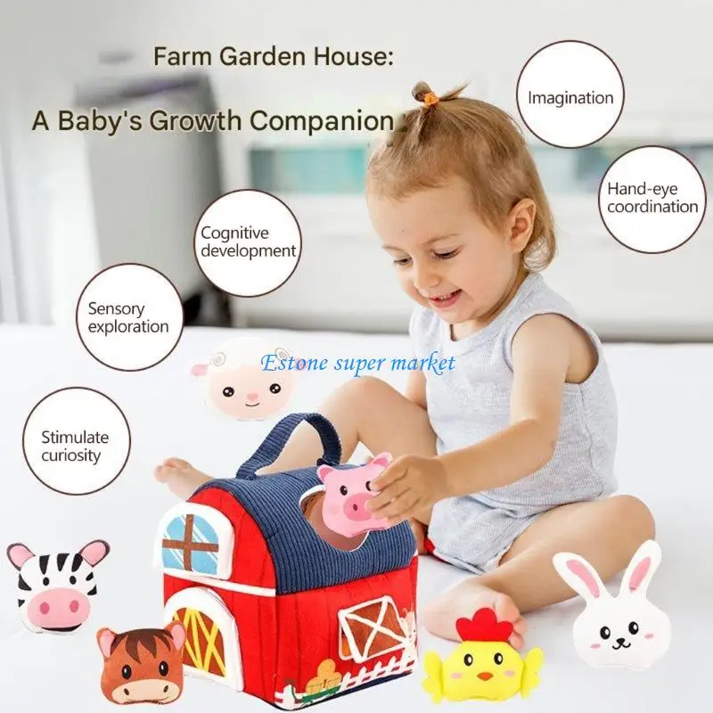 090B Safe Farm Animal Theme Plush Toy for Toddler Machine Washable Sensory Developmental Baby Auditory Texture Fine Motor Toy