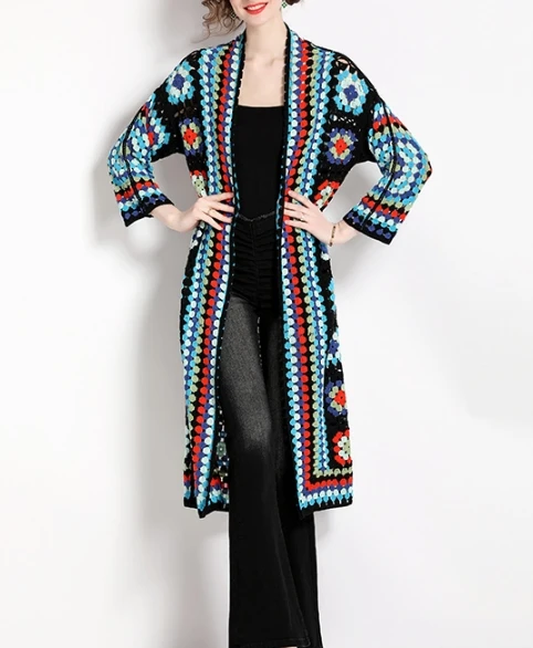 Basics Long Sleeves Vintage Hollow Out Hook Flower Chic Embroidered Knitted Cardigan Top Bohemian Vacation High Street Clothing