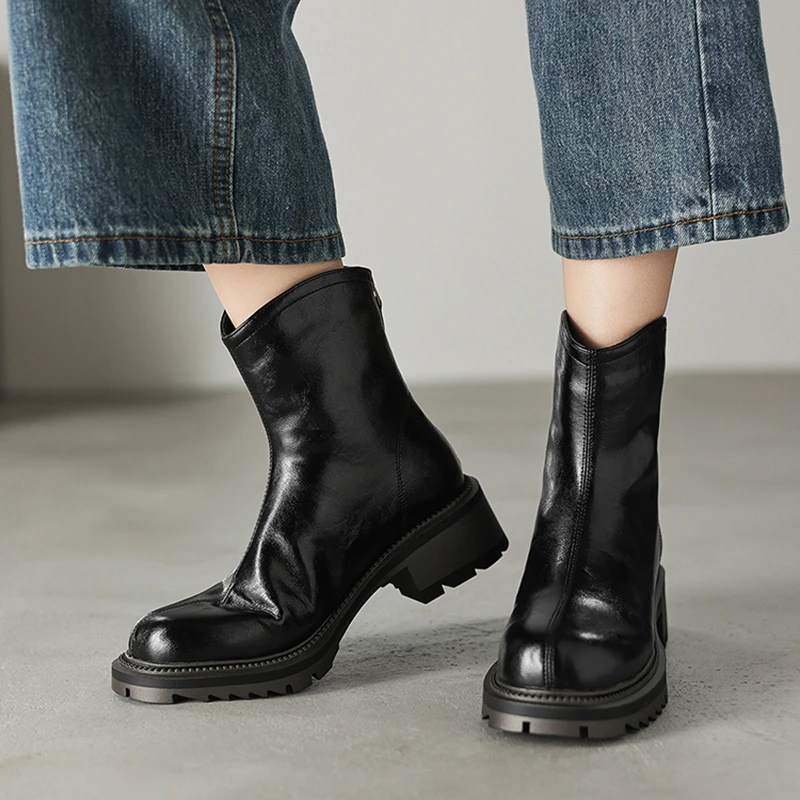 Women's new leather cowhide winter mid heel zipper warm lamb wool thick sole retro Chelsea short boots snow boots fashion boots