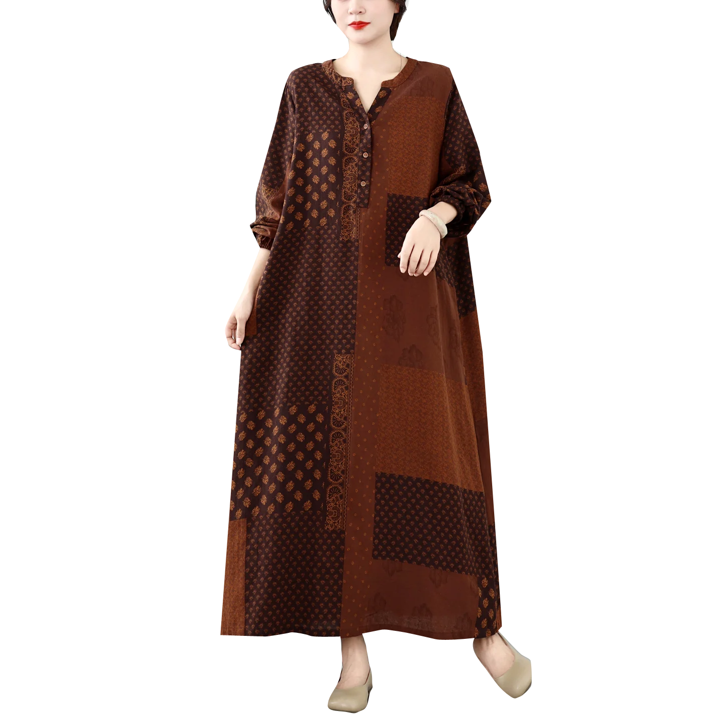 Artistic Vintage Print A-Line Dress Women's Loose Slimming Patchwork plus Size Cotton Blend Long Sleeve Autumn Citywalk Dress 5