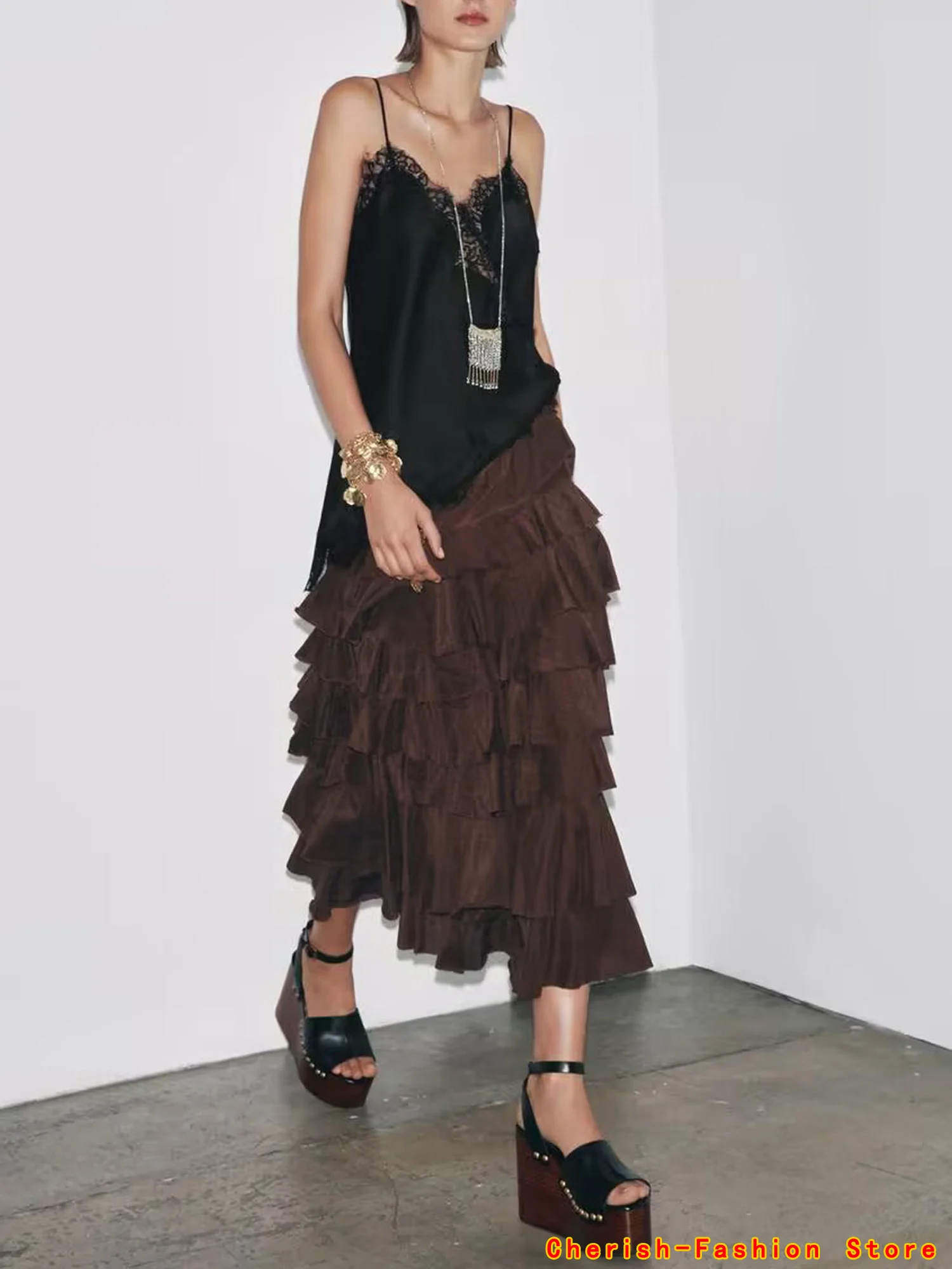 Nouvelle mode élégante solide jupes longues 2025 jupe de soirée couleur marron jupe Midi à volants femmes Vintage jupe à volants femme