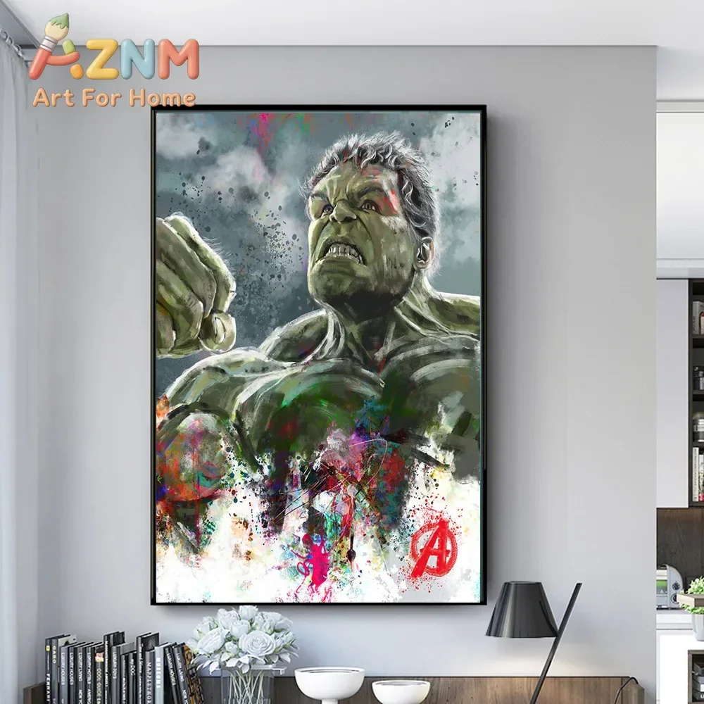 AZNM Avengers Superhero Frameless Canvas Wall Art Poster, Watercolor Splash Iron Man Captain America Print for Bedroom Decor