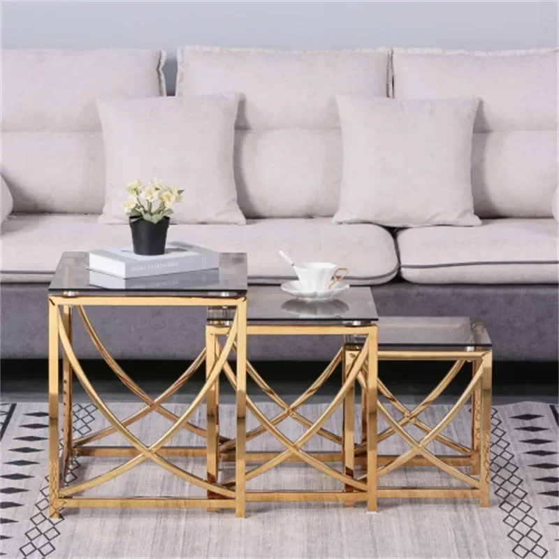 3 pcs Gold Square Nesting Glass End Tables- Small Coffee Table Set- Stainless Steel Small Coffee Tables With Grey Tempered Glass