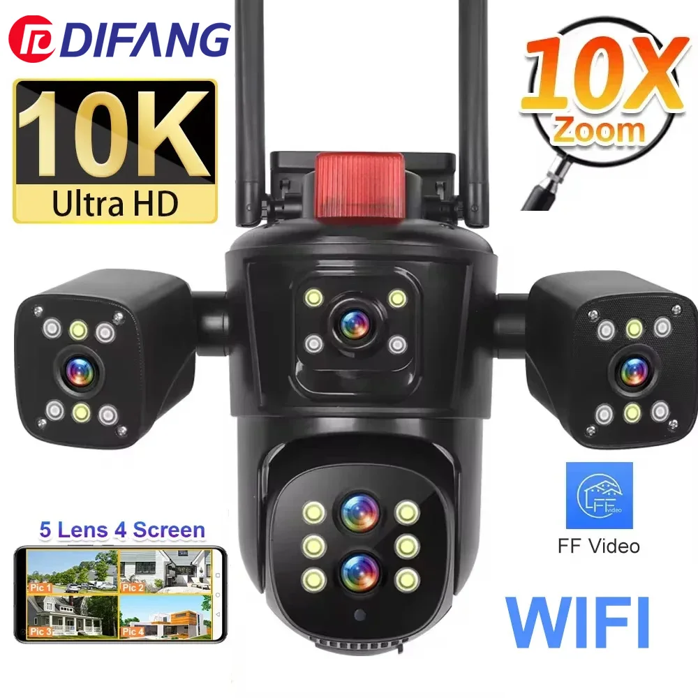 10K 20MP WiFi Network Camera Wireless Outdoor 10X Zoom Four Screen Five Lens PTZ Automatic Tracking Waterproof Security Cam CCTV