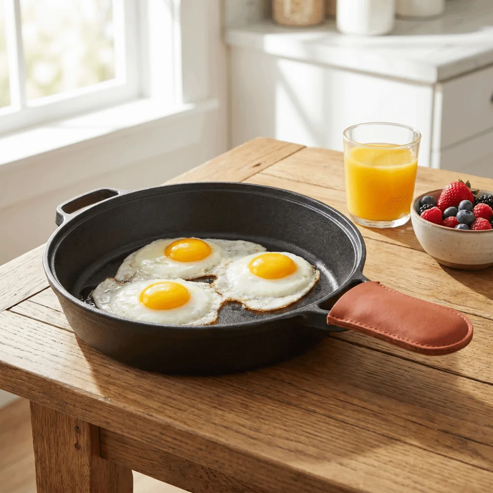 

Thickened Cast Iron Skillet 2 Handle Black Flat Bottom Griddle Pan Multi-Purpose Round Flat Bottom Steak Skillet