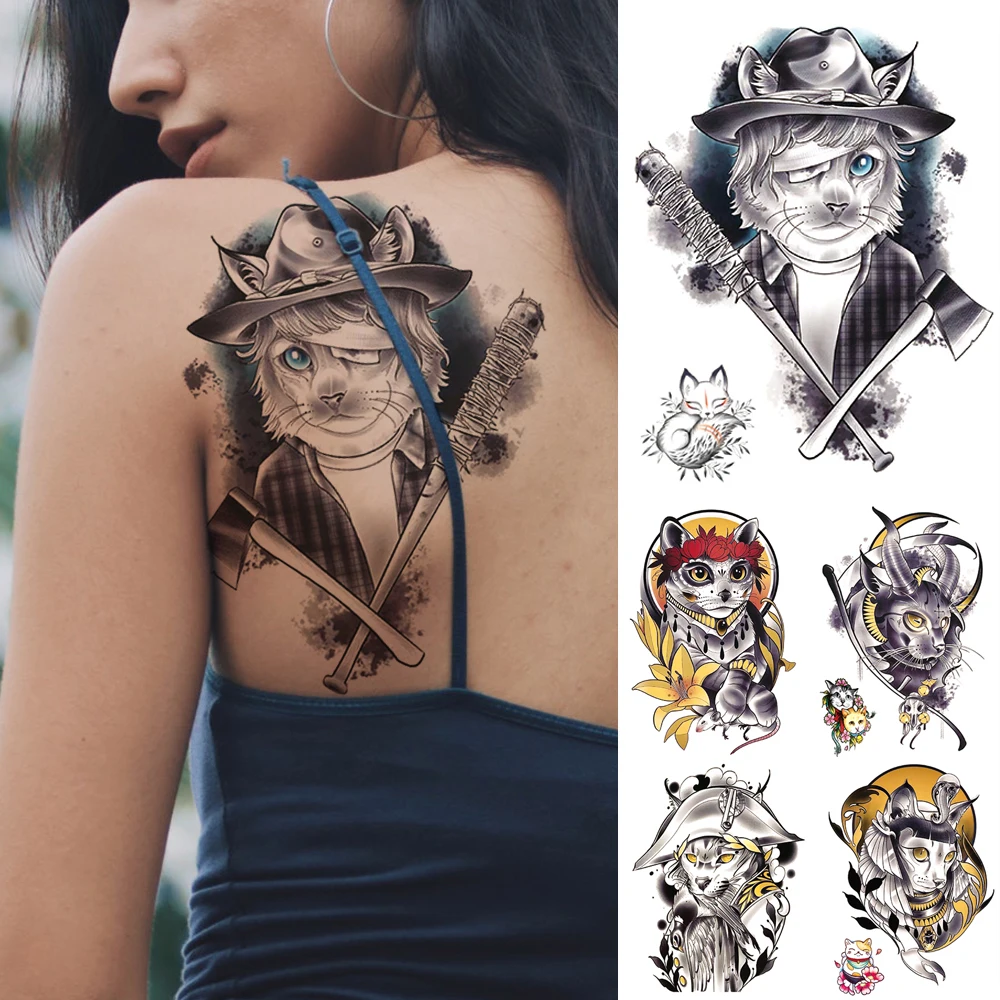 

Sexy Waterproof Temporary Tatoo Sticker Badass Cat Baseball Bat Axe Sun Moon Leaf Body Art Back Fake Tattoo Men Women Tattoos