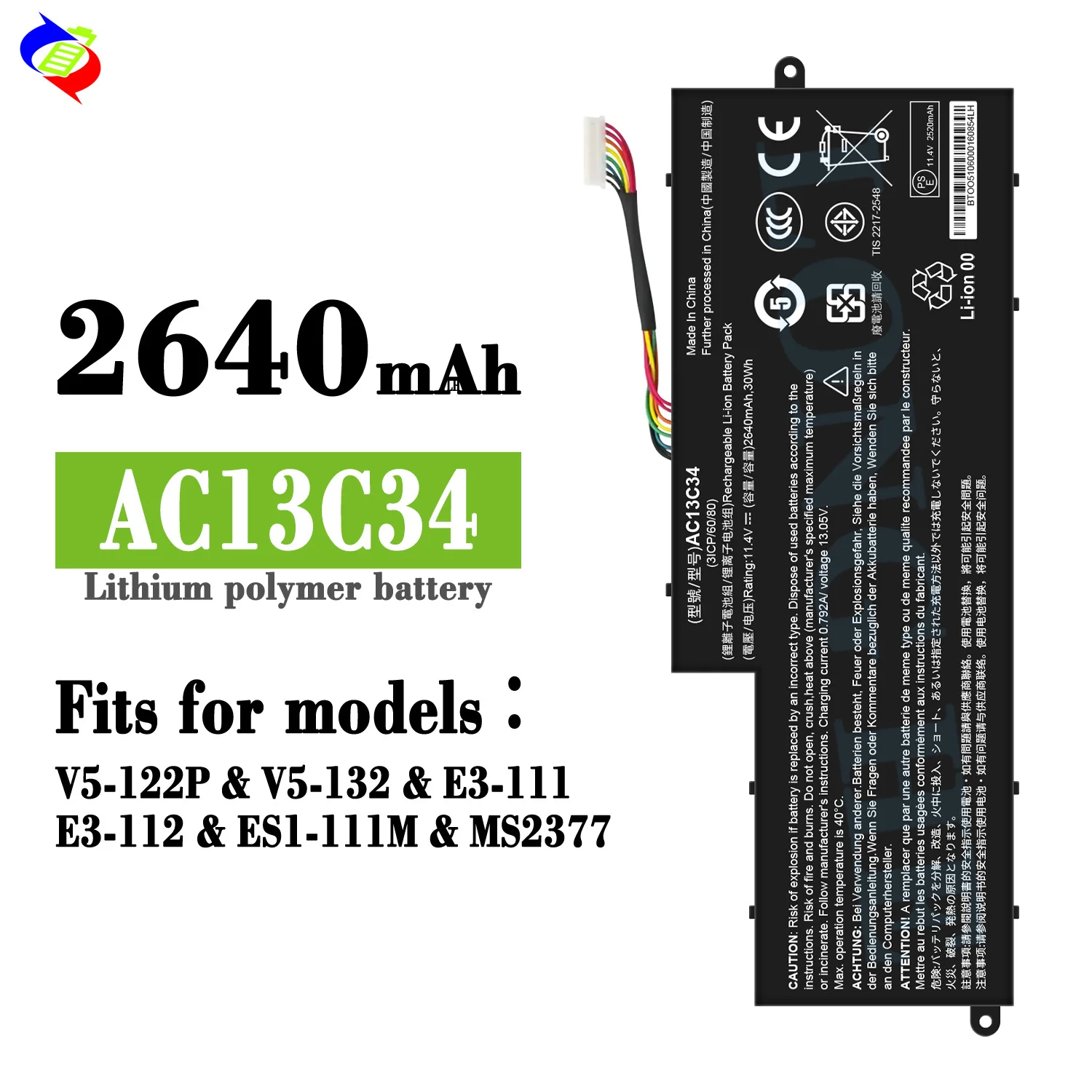 Batería para Portátil AC13C34 Compatible con Acer Aspire V5-122P V5-132P E3-111 E3-112 ES1-111M V3-111 MS237 11.4V 30Wh, Batería de Repuesto