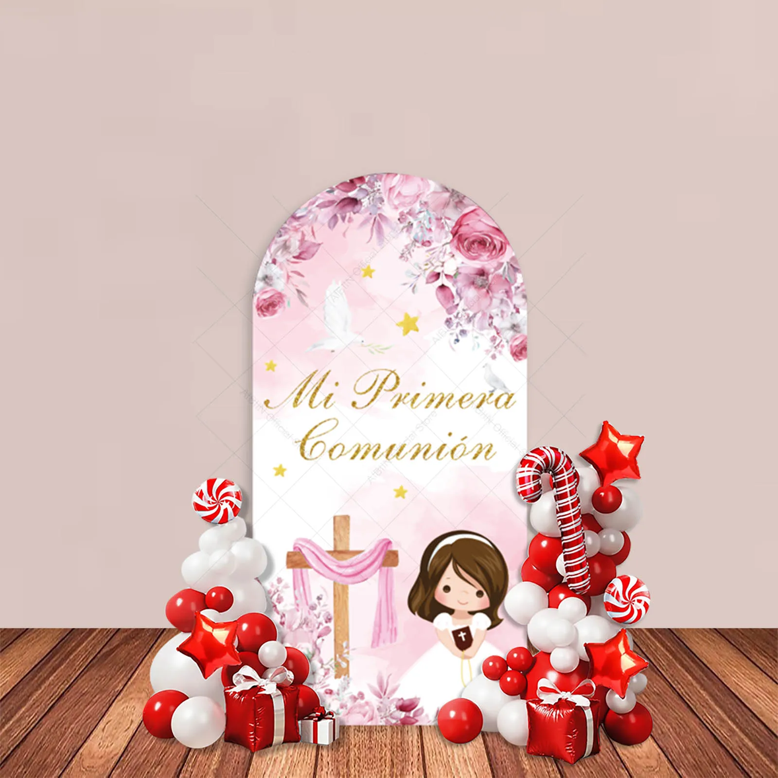 Mi Primera Comunión Arch Backdrop Cover Blue or Pink Floral Cross First Holy Communion Party Decor Girl Boy Baptism Background