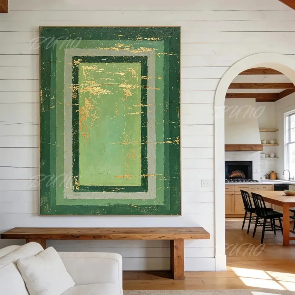 Handmade Abstract Oil Painting Green Geometric Gold Foil Canvas Wall Art for Living Room Bedroom Decor