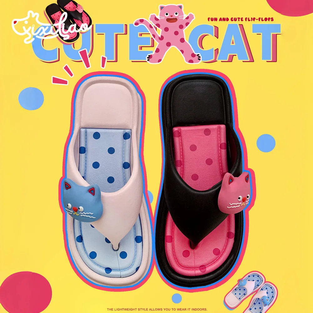 

Women Flip Flops 2024 Summer Slippers New Cute Girl Polka Dot Cat Outdoor Wear Slippers EVA Soft Bottom Beach Flip Flops Ins