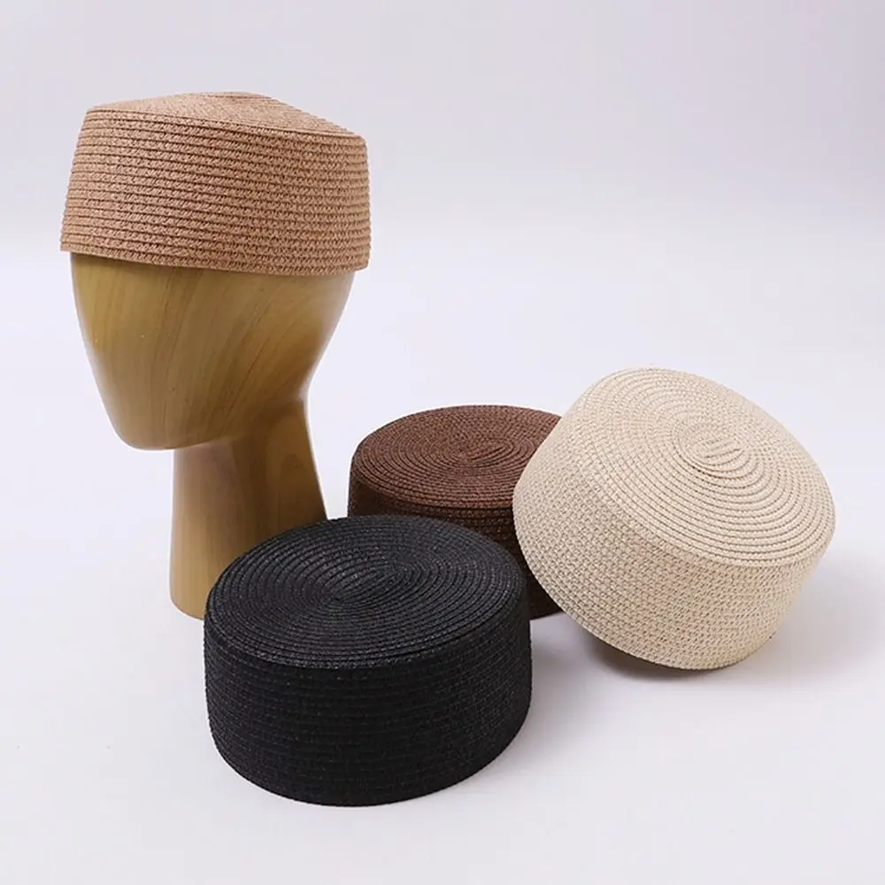 New Solid Straw Pillbox Hat Round Shape Structured Crown Round Dress Hat Vintage Style Brimless Cap Daily Outfits