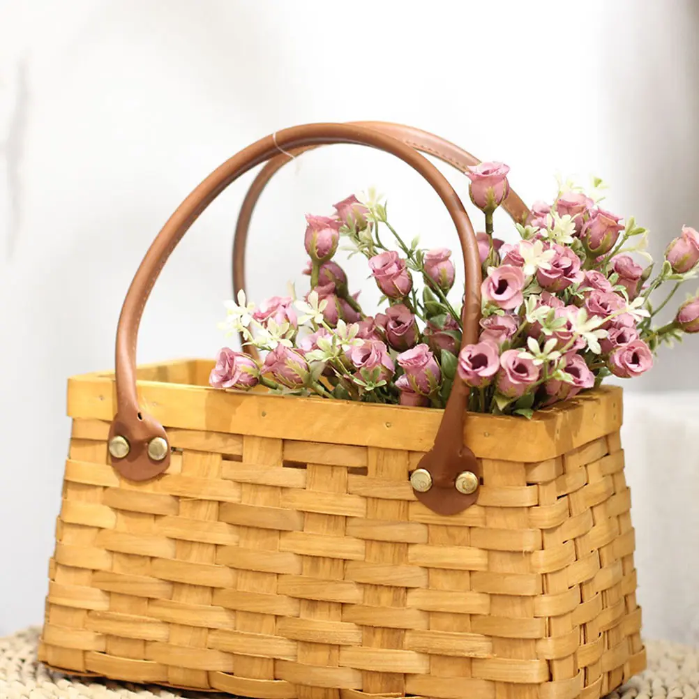 Elegant Wood Chip Flower Basket H Woven Plant Container Storage Basket Khaki Wooden Multi Functional Decorative Rattan