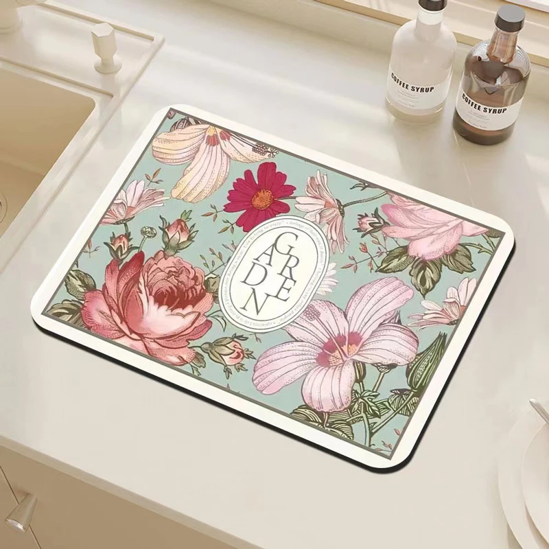 VIKAMA Kitchen Drain Mat Cream Floral Red Script Print Kitchen Counter Mat Highly Absorbent Fast Drying Anti Skid Flexible