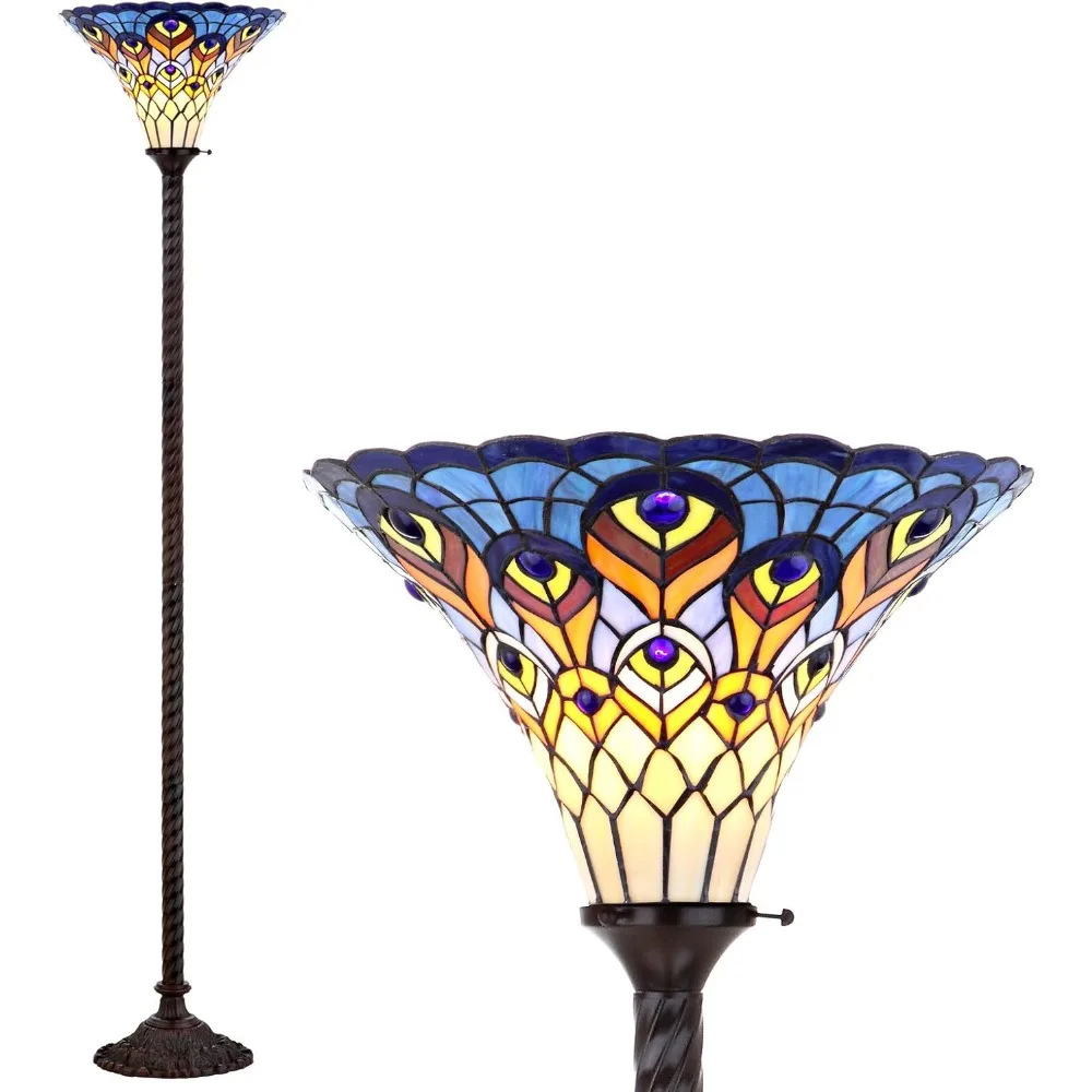 Peacock Tiffany Style Torch LED floor lamp, Tiffany, Traditional, Art Nouveau, office, bedroom, living room