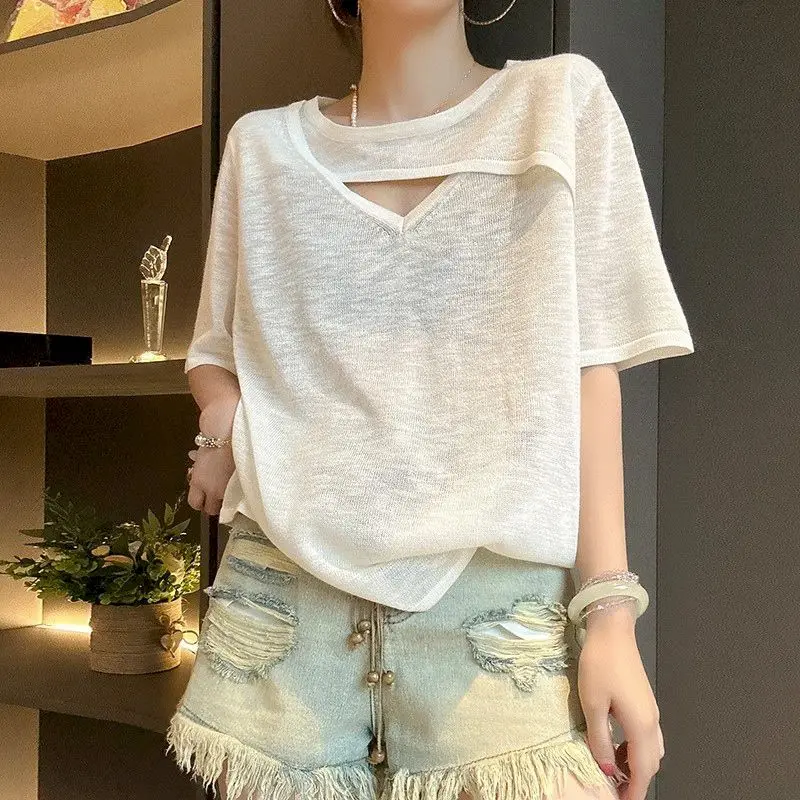Fashion Design T-shirts for Women Summer Trend Sexy Short Sleeve Tops Hollow Out Thin Loose Casual T Shirt Korean Oversized Tee